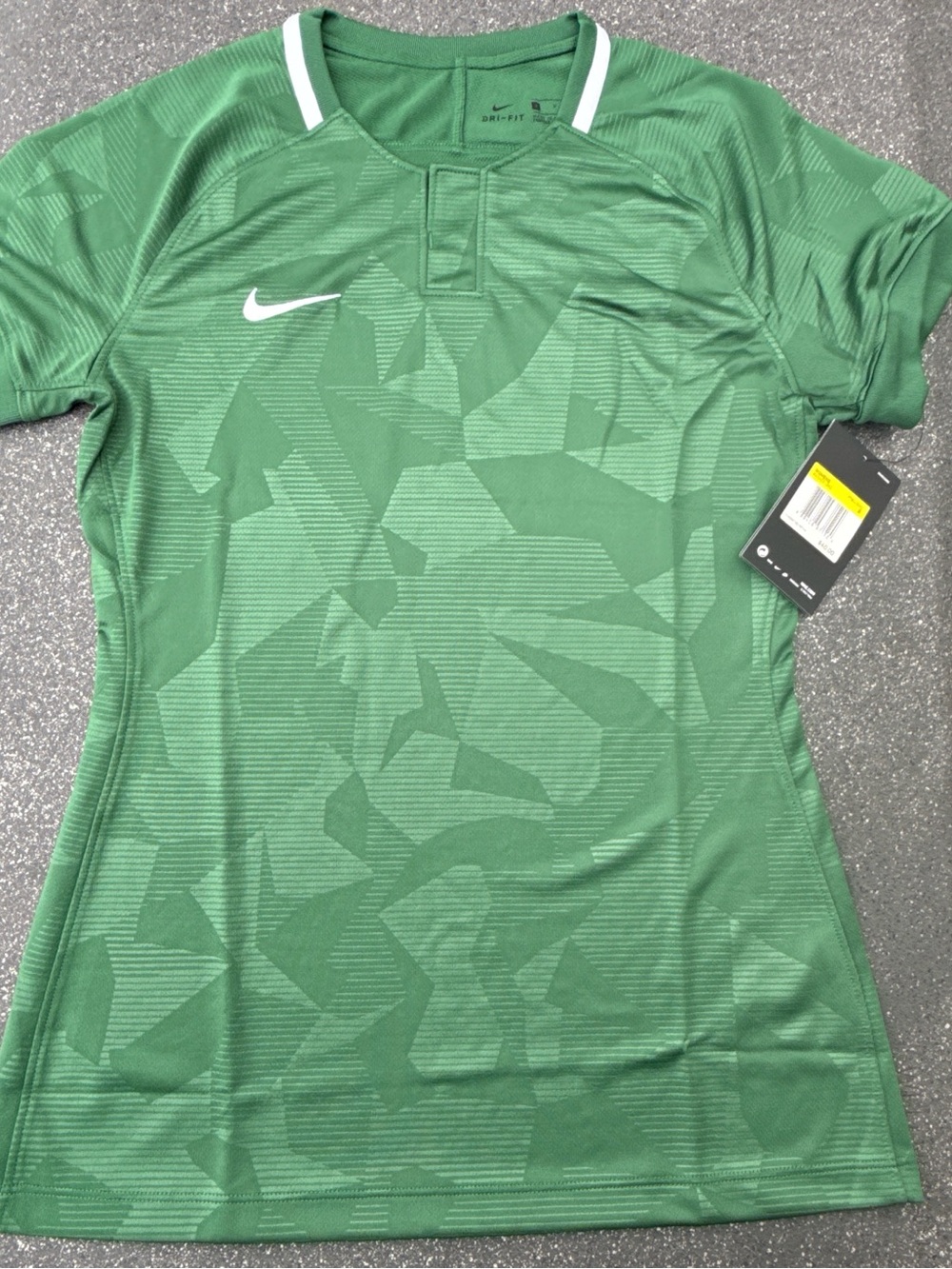 Nike Women’s Green Dri-FIT Geo Jacquard Short Sleeve Top with White Swoosh